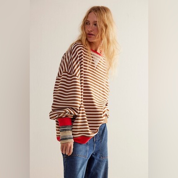 Free People Classic Striped Oversized Crewneck Coffee Combo size XL - Picture 4 of 10